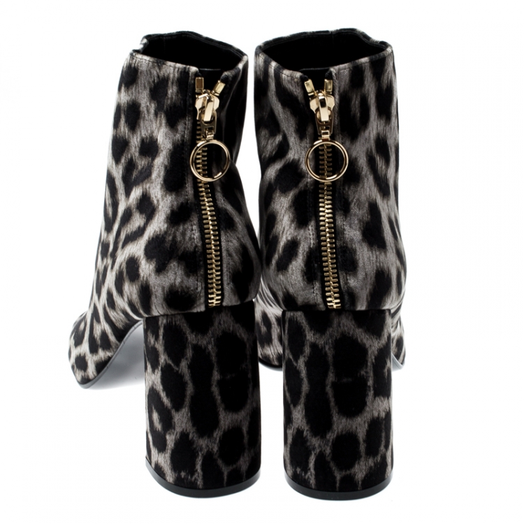 Pre Owned Stella McCartney Beige Leopard Printed Velvet Peep Toe Block Heel Ankle Boots Size 39