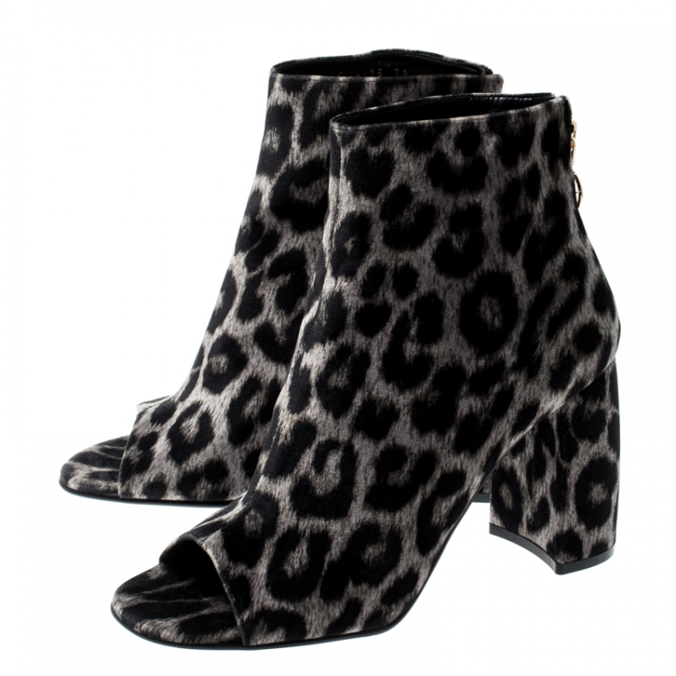 Pre Owned Stella McCartney Beige Leopard Printed Velvet Peep Toe Block Heel Ankle Boots Size 39