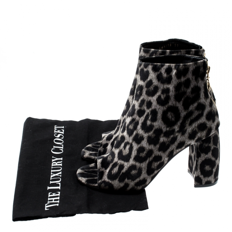 Pre Owned Stella McCartney Beige Leopard Printed Velvet Peep Toe Block Heel Ankle Boots Size 39
