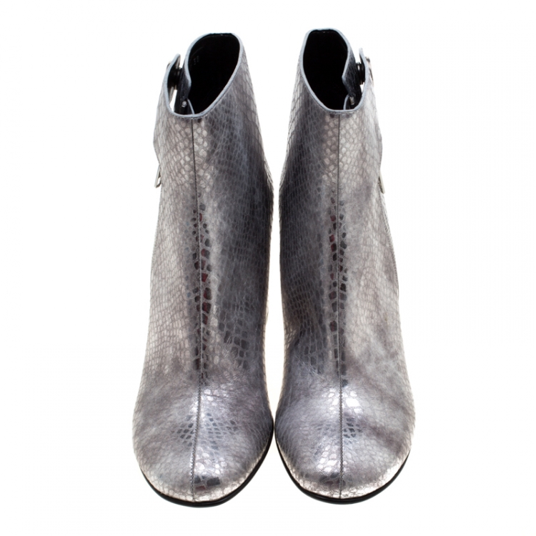 Pre Owned Stella McCartney Metallic Silver Python Embossed Faux Leather Ankle Boots Size 38