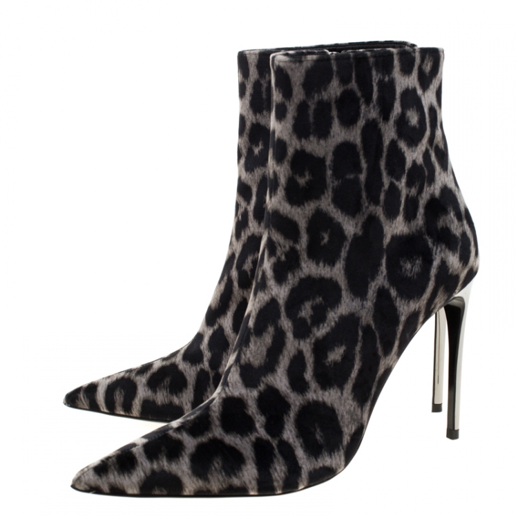 Pre Owned Stella McCartney Beige/Black Leopard Print Velvet Ankle Boots Size 38.5