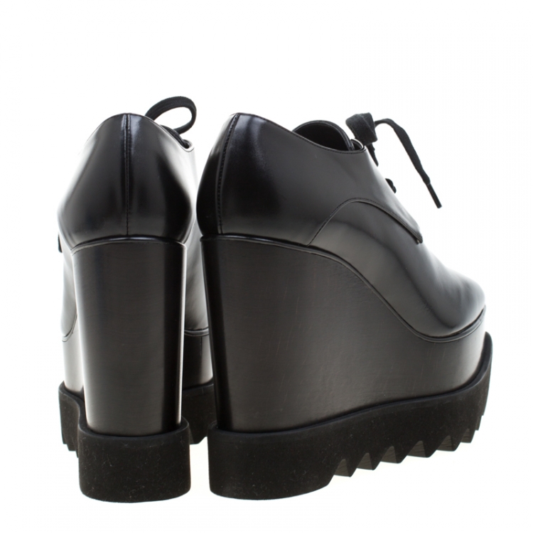 Pre Owned Stella McCartney Black Faux Leather Leana Wooden Wedge Lace-Up Oxfords Size 35