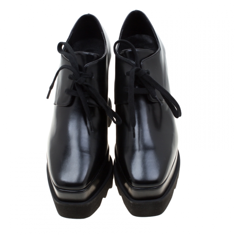 Pre Owned Stella McCartney Black Faux Leather Leana Wooden Wedge Lace-Up Oxfords Size 35