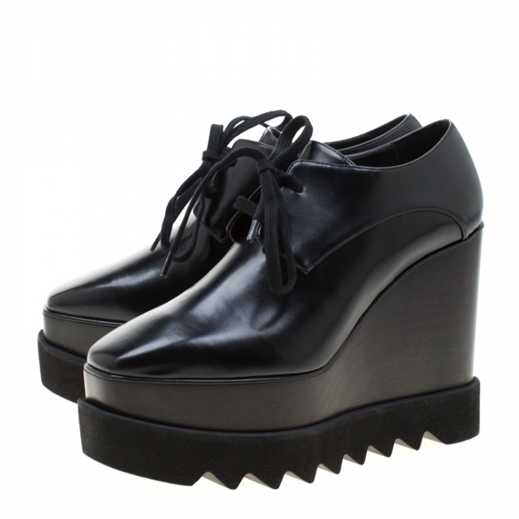 Pre Owned Stella McCartney Black Faux Leather Leana Wooden Wedge Lace-Up Oxfords Size 35