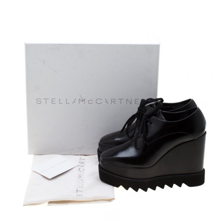 Pre Owned Stella McCartney Black Faux Leather Leana Wooden Wedge Lace-Up Oxfords Size 35