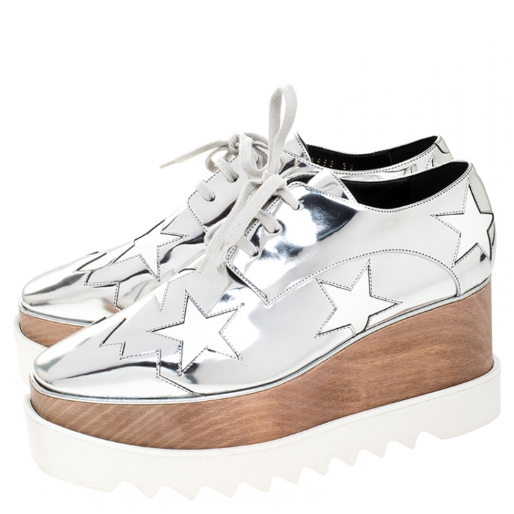 Pre Owned Stella McCartney Metallic Silver Faux Leather Elyse Star Platform Derby Size 38