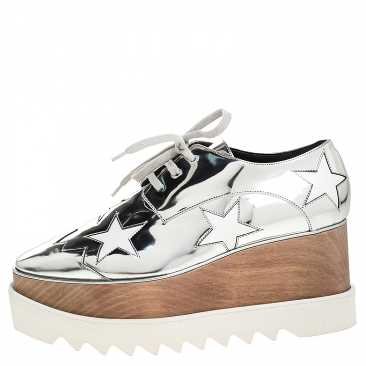 Pre Owned Stella McCartney Metallic Silver Faux Leather Elyse Star Platform Derby Size 38