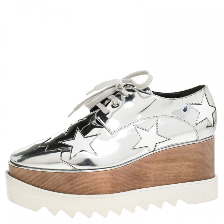 Pre Owned Stella McCartney Metallic Silver Faux Leather Elyse Star Platform Derby Size 38