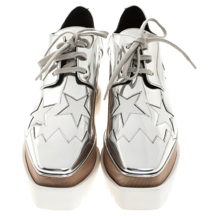 Pre Owned Stella McCartney Metallic Silver Faux Leather Elyse Star Platform Derby Size 38