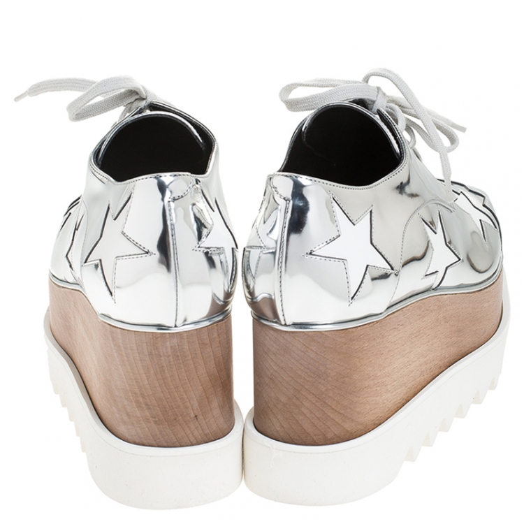 Pre Owned Stella McCartney Metallic Silver Faux Leather Elyse Star Platform Derby Size 38