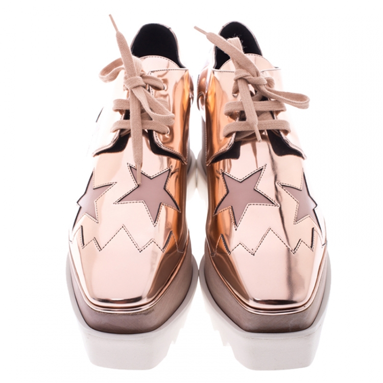 Pre Owned Stella McCartney Metallic Rose Gold Faux Leather Elyse Star Platform Lace Up Derby Size 38
