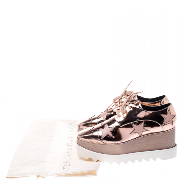 Pre Owned Stella McCartney Metallic Rose Gold Faux Leather Elyse Star Platform Lace Up Derby Size 38