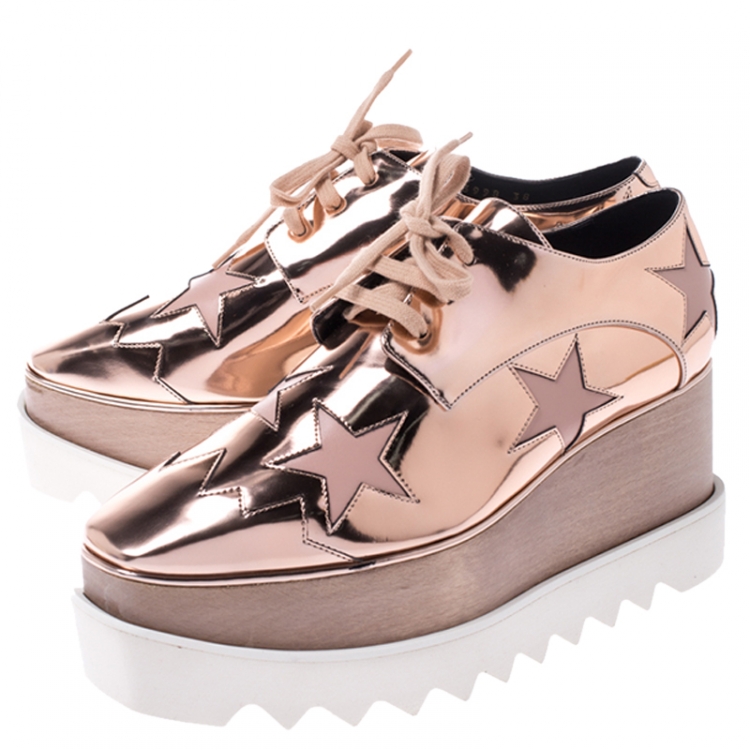 Pre Owned Stella McCartney Metallic Rose Gold Faux Leather Elyse Star Platform Lace Up Derby Size 38