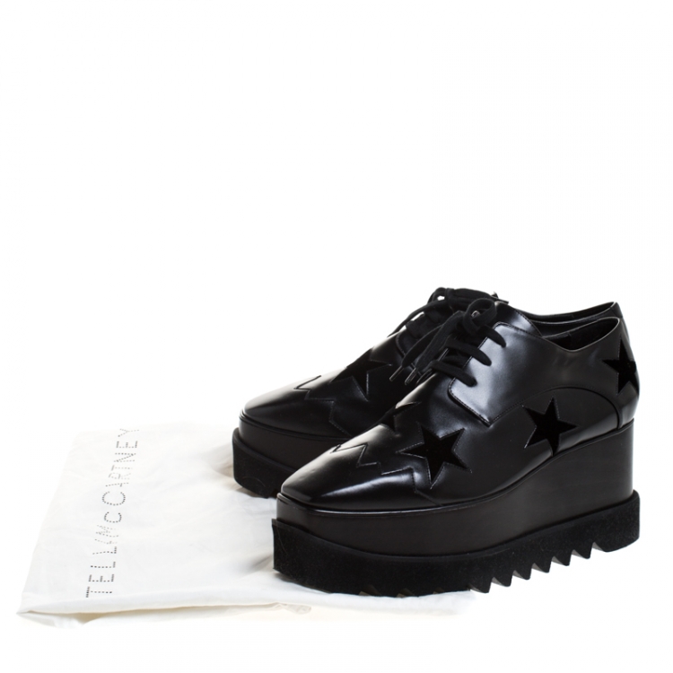 Pre Owned Stella McCartney Black Faux Leather And Velvet Elyse Star Platform Lace Up Booties Size 40