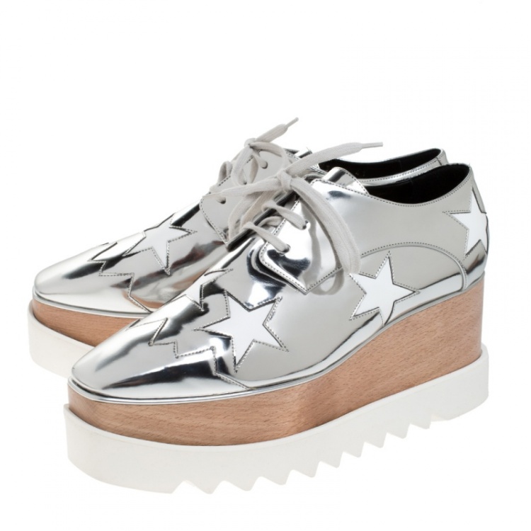 مملوكة مسبقًا Stella McCartney Metallic Silver Faux Leather Elyse Star Platform Derby Size 41