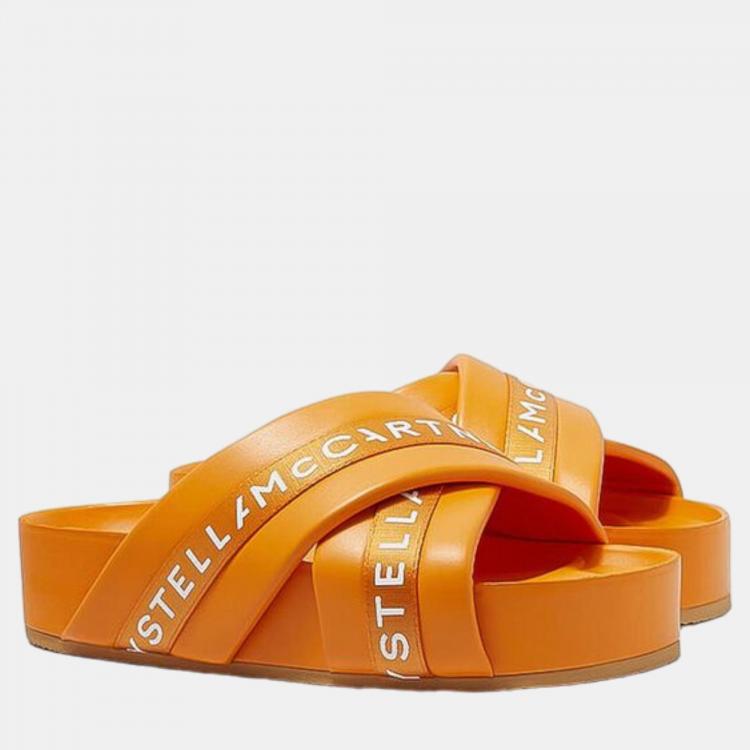 Pre Owned Stella McCartney Orange Vesta Logo Slides Size 37