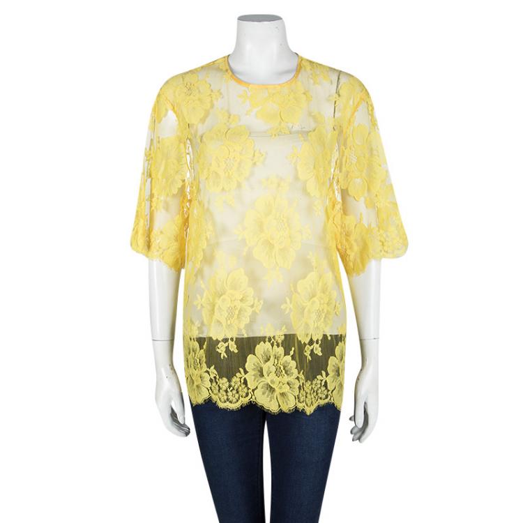 Pre Owned Stella McCartney Yellow Floral Lace Scalloped Edge Sheer Top M