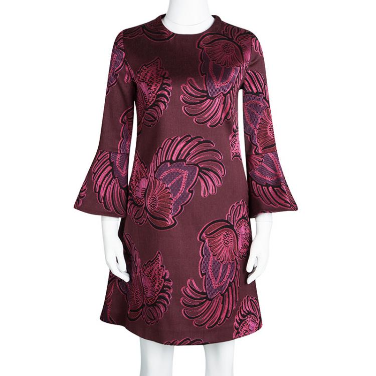 Pre Owned Stella McCartney Burgundy Floral Jacquard Wool Long Sleeve Dress S