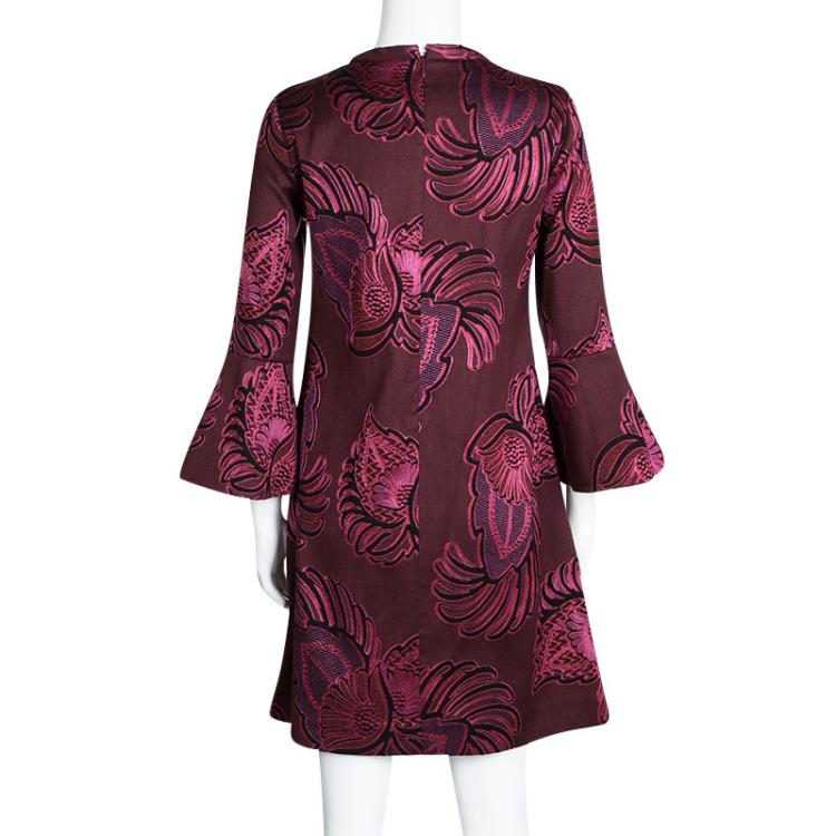 Pre Owned Stella McCartney Burgundy Floral Jacquard Wool Long Sleeve Dress S
