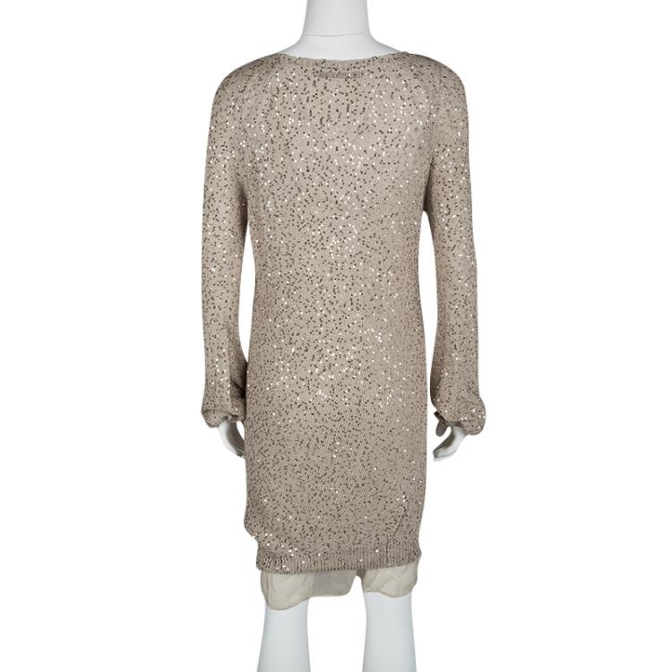 Pre Owned Stella McCartney Beige SIlk Sequined Sweater Dress S