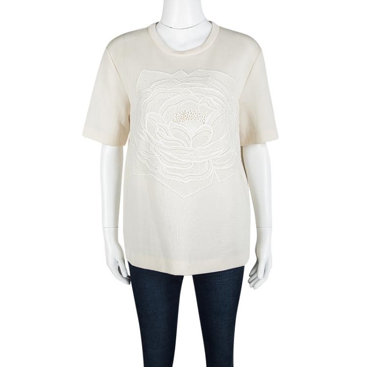 Pre Owned Stella Mccartney Cream Jersey Floral Motif Lace Applique Detail Oversized Top S