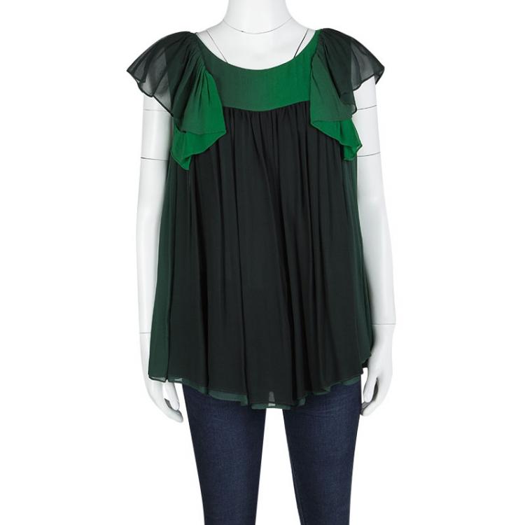 Pre Owned Stella McCartney Green Ombre Silk Chiffon Flutter Sleeve Blouse M