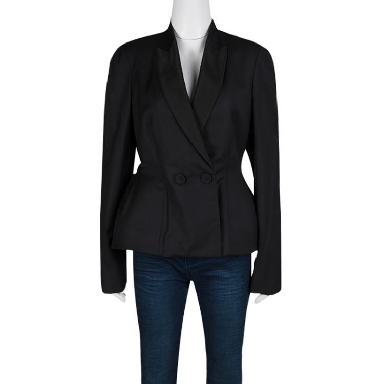 Pre Owned Stella McCartney Black Wool Textured Lapel Collarless Blazer M