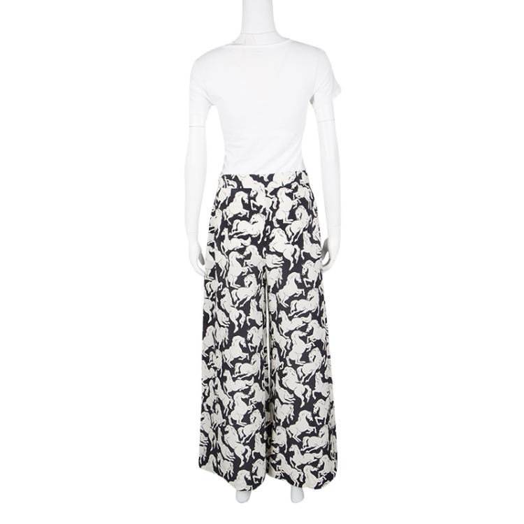 Pre Owned Stella McCartney Monochrome Horse Printed Silk Darcy Palazzo Pants S