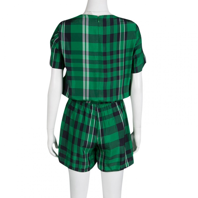 Pre Owned Stella McCartney Green Aurore Gingham Checked Boat Neck Romper S 
