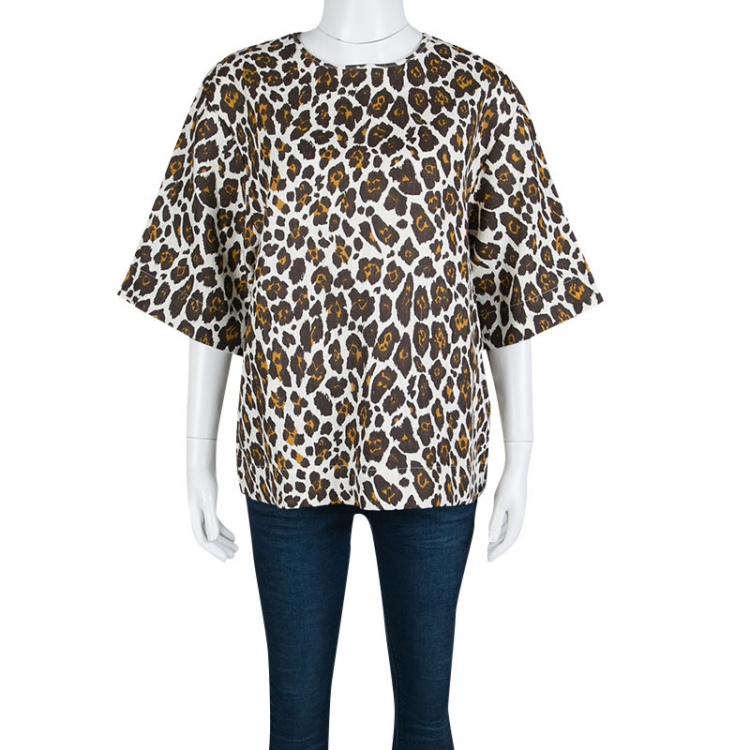 Pre Owned Stella McCartney Cream Animal Print Linen Short Sleeve Oversized Blouse M
