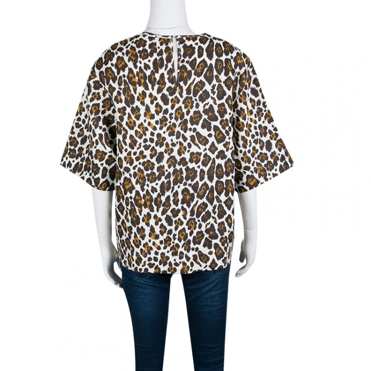 Pre Owned Stella McCartney Cream Animal Print Linen Short Sleeve Oversized Blouse M