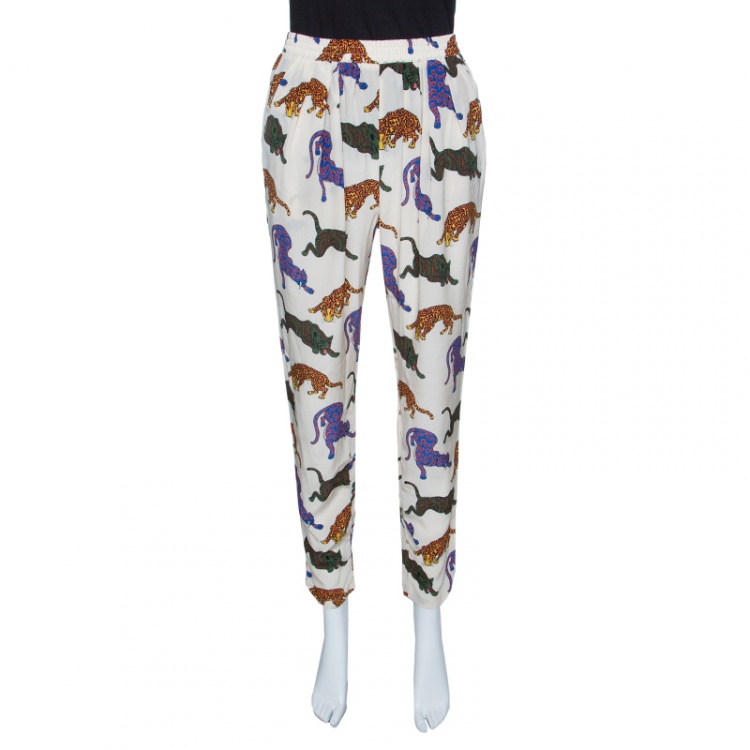 Pre Owned Stella McCartney Cream Wild Cat Printed Silk Elasticized Waist Christine Pants S