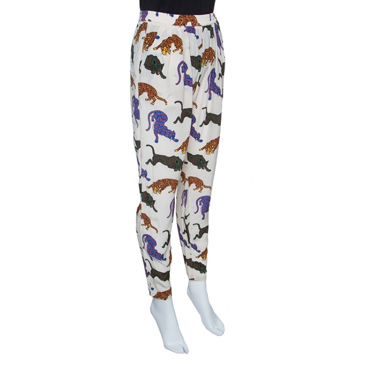 Pre Owned Stella McCartney Cream Wild Cat Printed Silk Elasticized Waist Christine Pants S