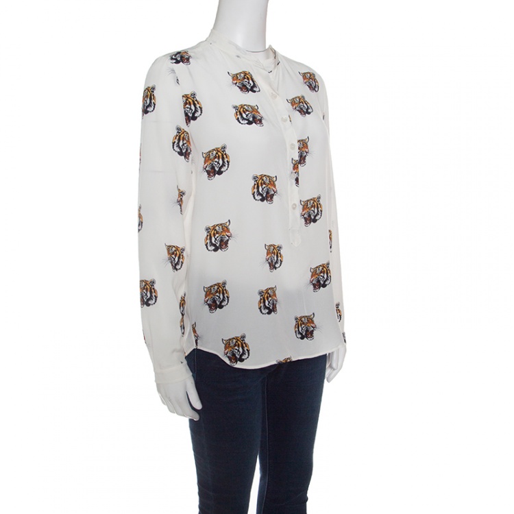 Pre Owned Stella McCartney Off White Tiger Face Print Silk Blouse S