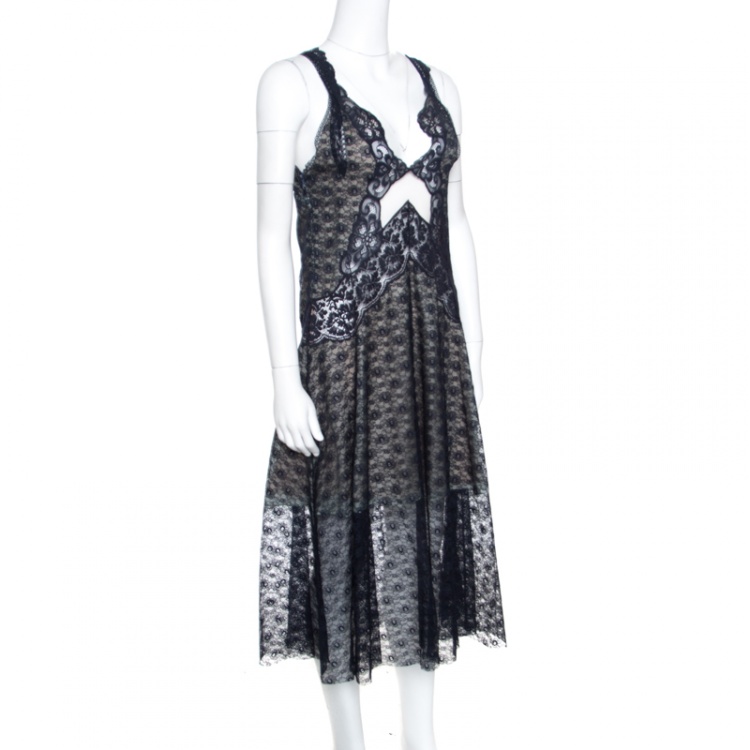 Pre Owned Stella McCartney Navy Blue Floral Lace Semi Sheer Sleeveless Midi Dress S