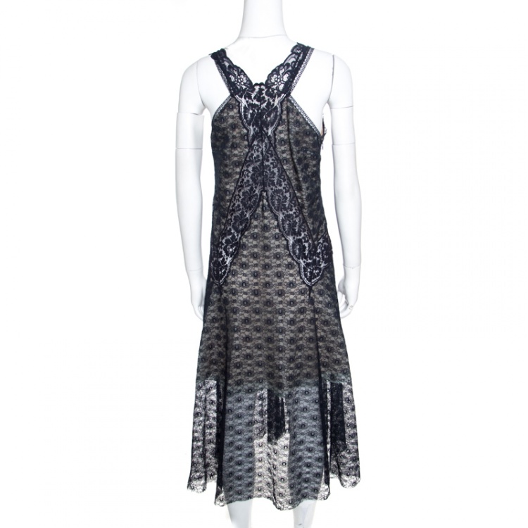 Pre Owned Stella McCartney Navy Blue Floral Lace Semi Sheer Sleeveless Midi Dress S