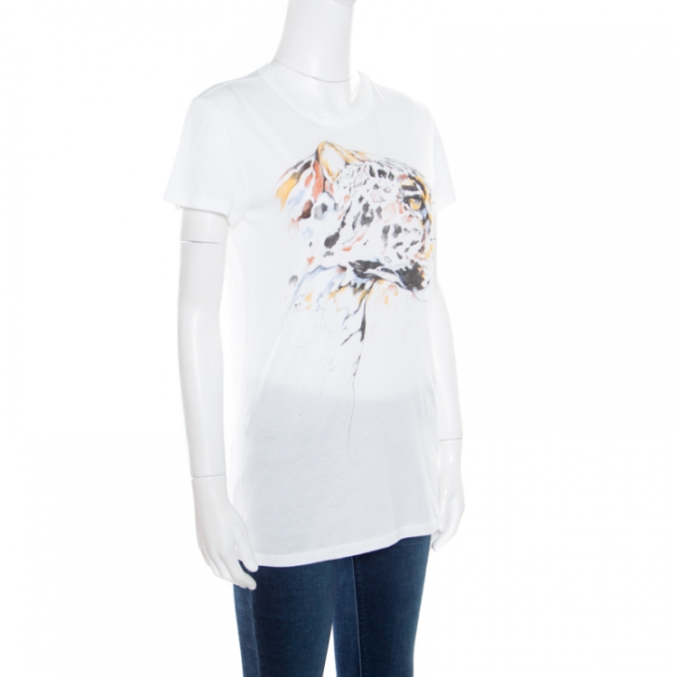 Pre Owned Stella McCartney White Leopard Head Printed Cotton T-Shirt M
