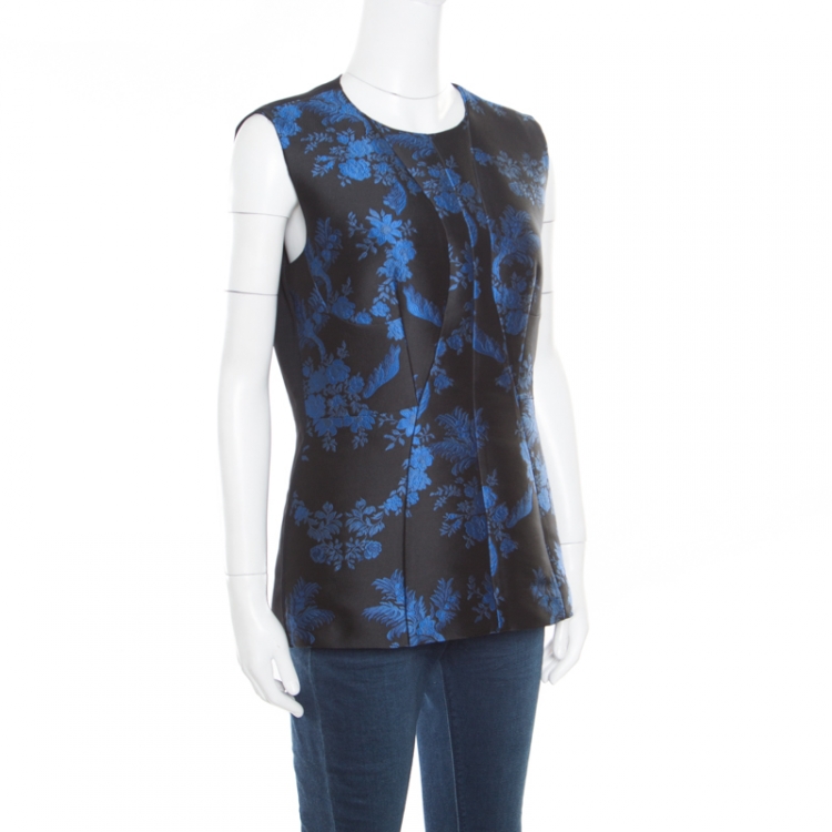 Pre Owned Stella McCartney Black and Blue Floral Jacquard Sleeveless Peplum Top M