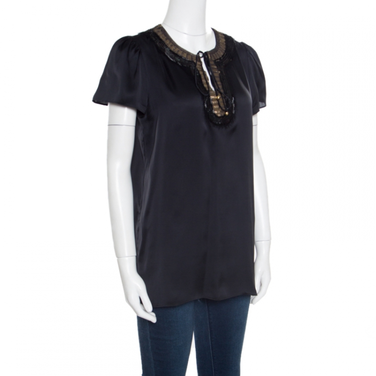Pre Owned Stella McCartney Black Silk Satin Sequin Embellished Neck Tie Detail Top M