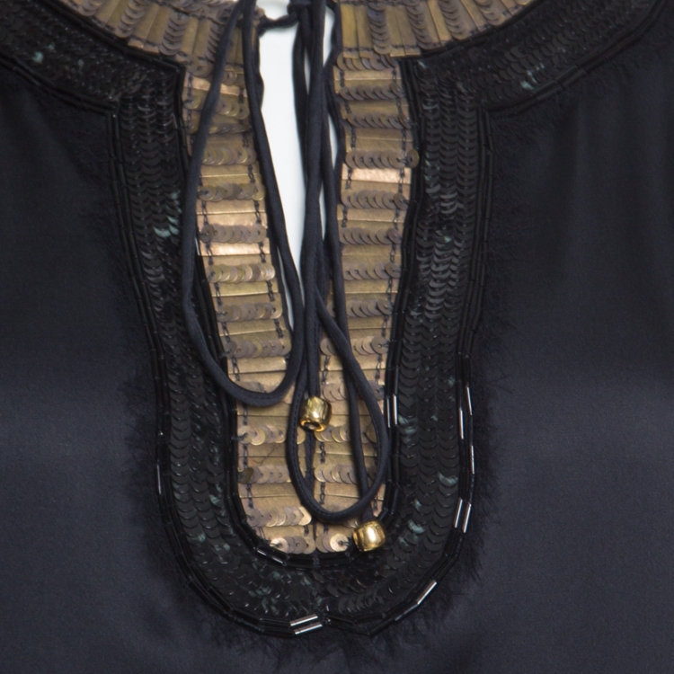 Pre Owned Stella McCartney Black Silk Satin Sequin Embellished Neck Tie Detail Top M
