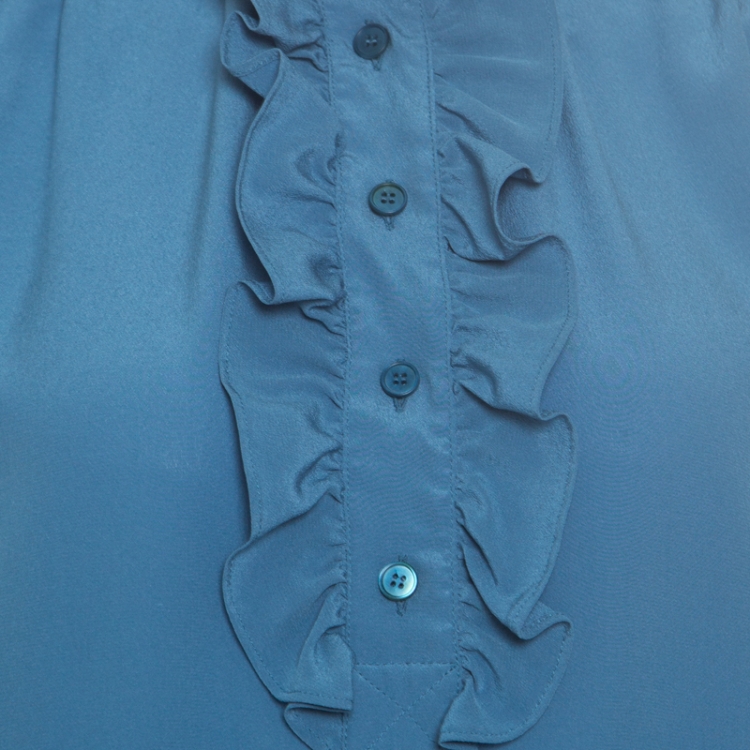 Pre Owned Stella McCartney Blue Silk Ruffle Trim Long Sleeve Meredith Blouse M
