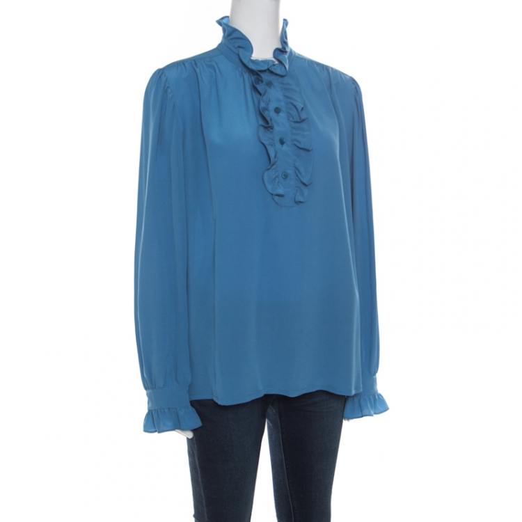 Pre Owned Stella McCartney Blue Silk Ruffle Trim Long Sleeve Meredith Blouse M