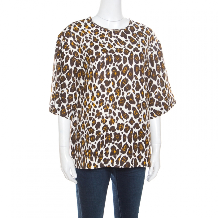 Pre Owned Stella McCartney Cream Animal Print Linen Short Sleeve Oversized Blouse M