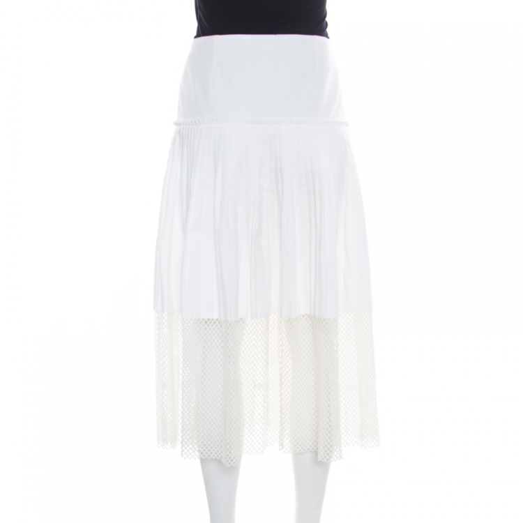Pre Owned Stella McCartney White Cotton Pleated Mesh Hem Detail Midi Skirt M