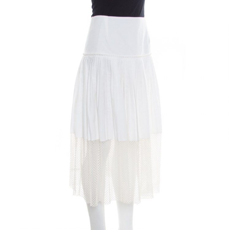 Pre Owned Stella McCartney White Cotton Pleated Mesh Hem Detail Midi Skirt M