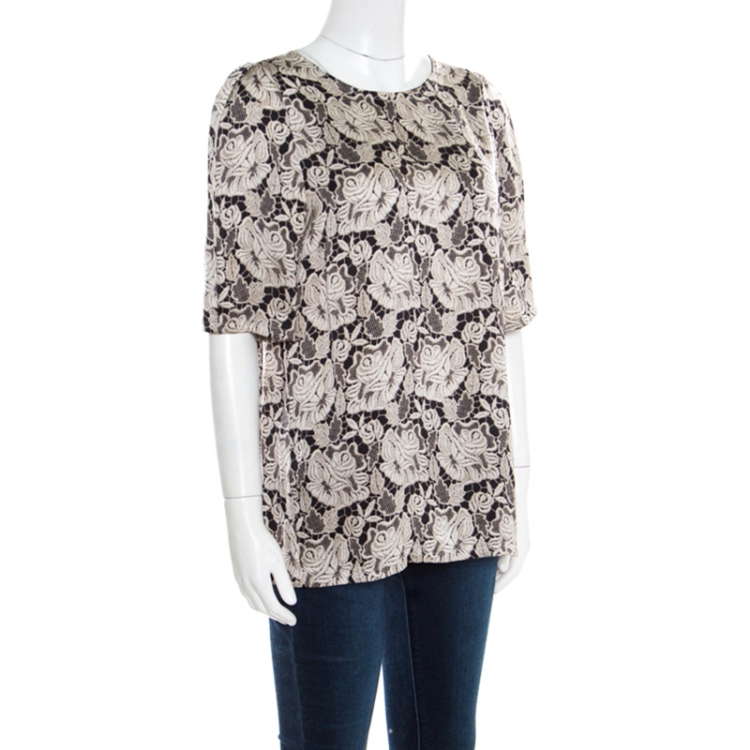 Pre Owned Stella McCartney Black Floral Lace Printed Silk Pyjama Blouse M