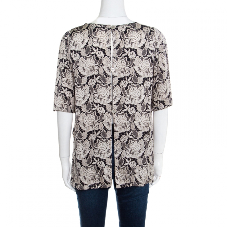 Pre Owned Stella McCartney Black Floral Lace Printed Silk Pyjama Blouse M