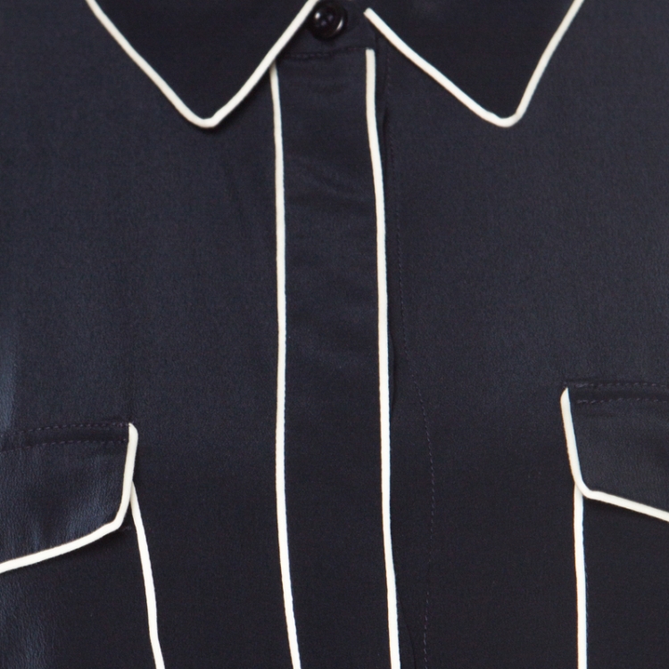 Pre Owned Stella McCartney Navy Blue Silk Crepe de Chine Eagle Embroidered Detail Shirt M