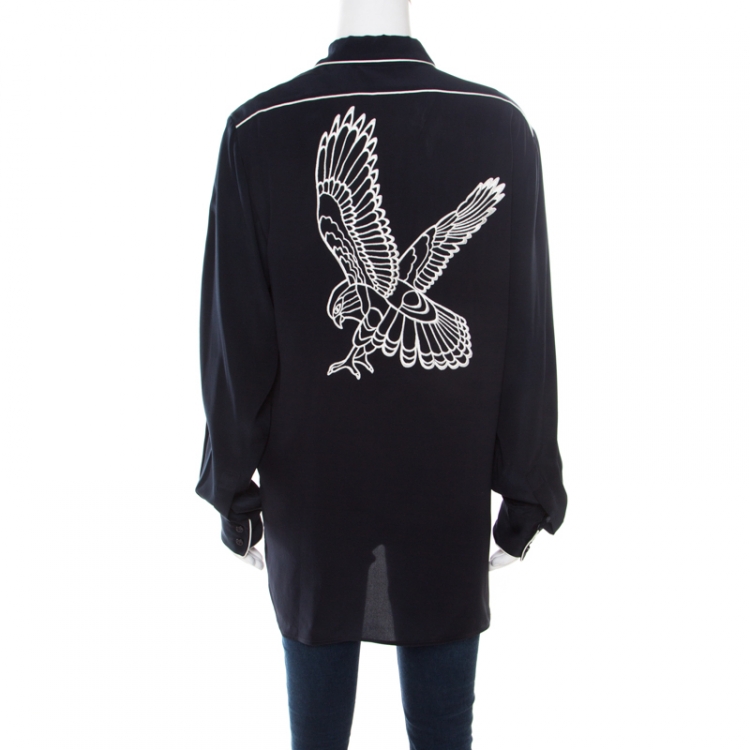 Pre Owned Stella McCartney Navy Blue Silk Crepe de Chine Eagle Embroidered Detail Shirt M
