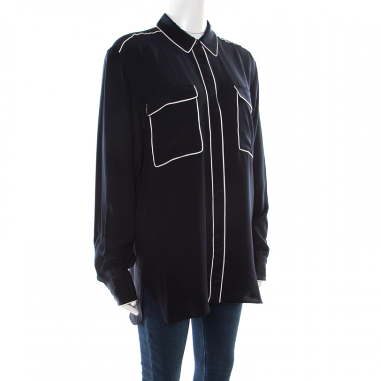 Pre Owned Stella McCartney Navy Blue Silk Crepe de Chine Eagle Embroidered Detail Shirt M